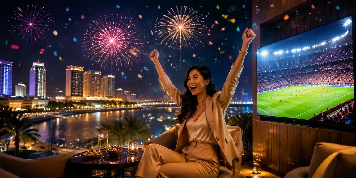 Festival hiburan malam dengan lampu warna-warni yang meriah mencerminkan semangat event besar