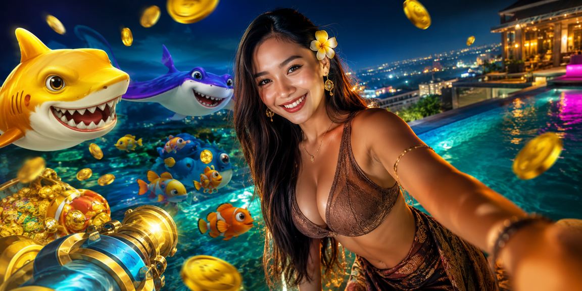 Model Vietnam memperagakan permainan tembak ikan dengan ekspresi fokus dan semangat